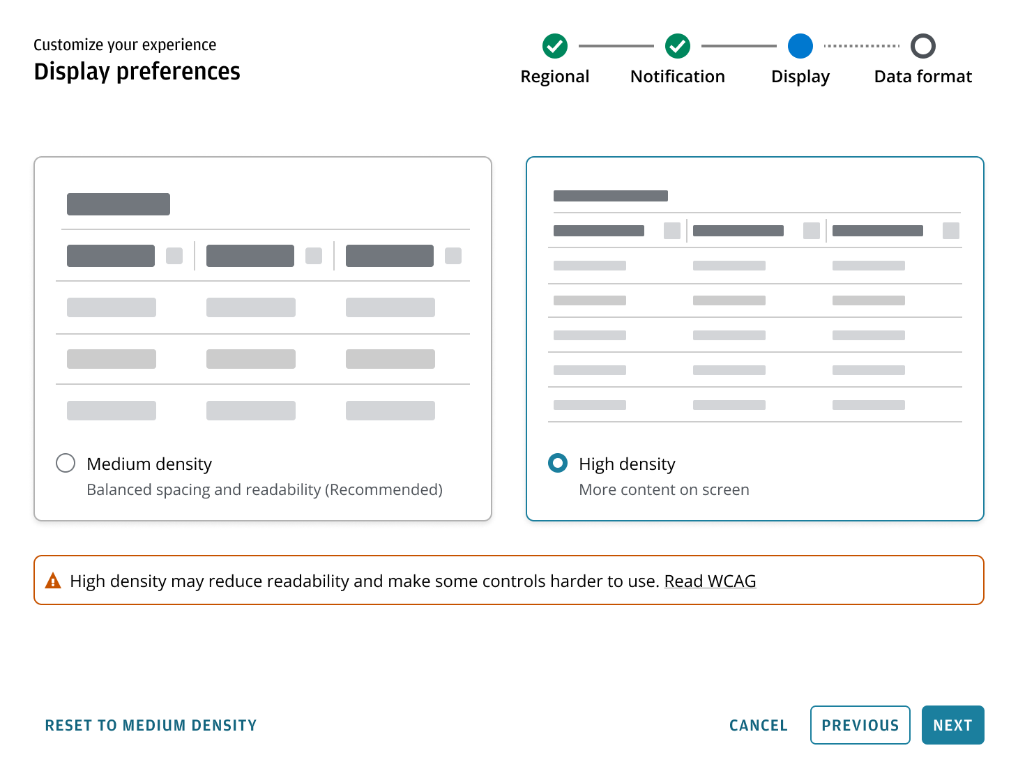 An example for accessibility guidance and recovery for an experience customization pattern